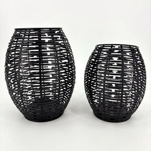 Bronze Metal Wicker Look Barrel Shaped Decor Pieces, Set of Two